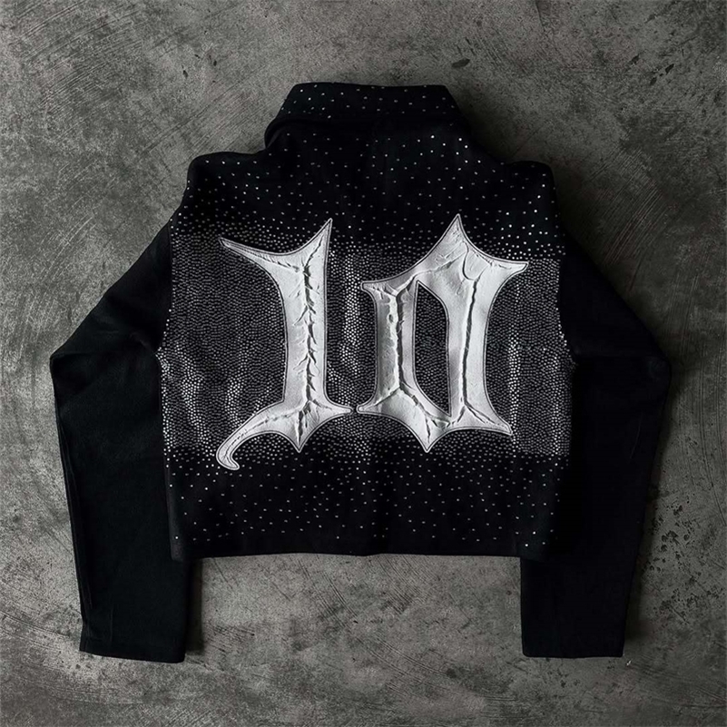 Streetwear 10 Series Jacket Y2K Baseball Jacket Mens Water Diamond Letter Super Large Jacket Collar Zipper Jacket 250305