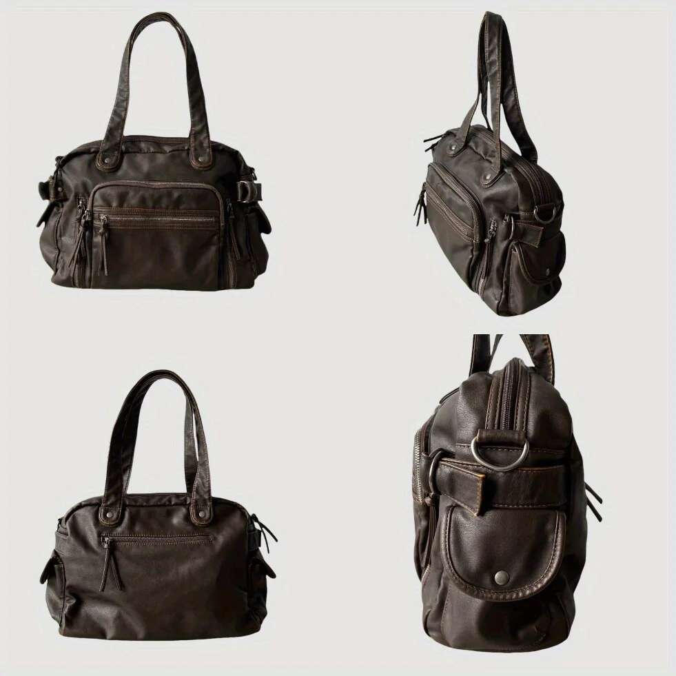Retro Tote Motorcycle Soft PU Leather Large Capacity Shoulder Y2k Punk Multi Pocket Crossbody Bag
