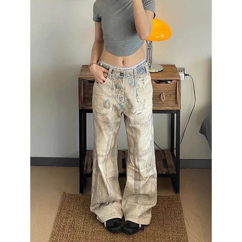 Women's Graphic Print Jeans Baggy Haruku Y2k Aesthetic Oversize Denim Trousers Korean Jean Pants Vintage 2000S Trashy Clothes