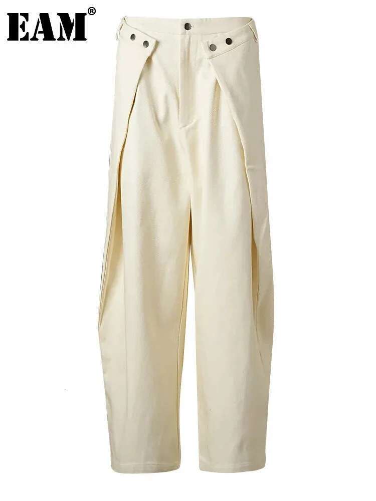 EAM High Waist Black Button Irregular Spliced Long Wide Leg Pants New Trousers Women Fashion Tide Spring Autumn 2025 Cpg2744