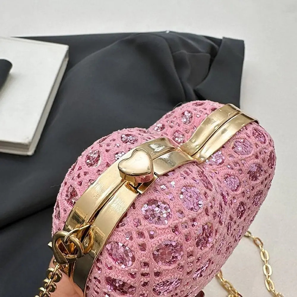 Heart-shaped Evening Bag Gold Bright Silk Rhinestone Decorative Banquet Clutch Chain Shoulder Bags Wedding Party 250306