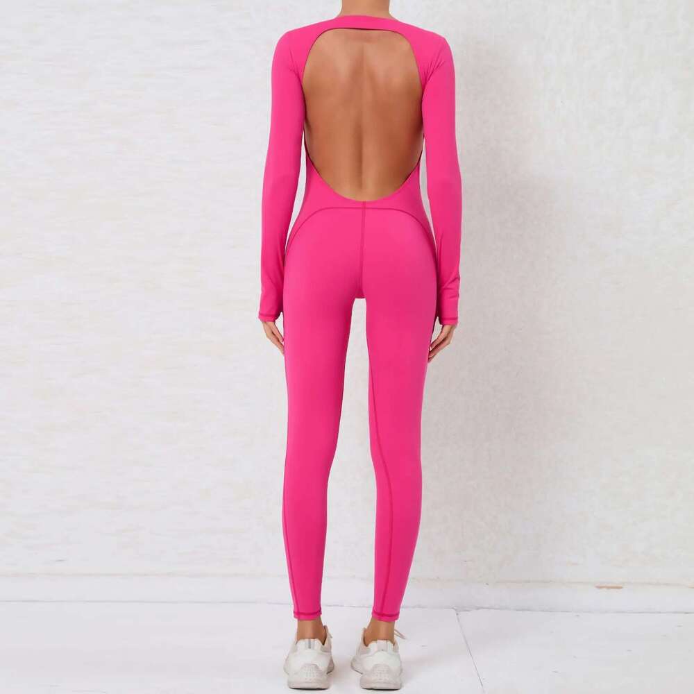 Pad Backless One Piece Jumpsuit Gym Set Women Training Yoga Suit Sports Long Sleeves Fiess Rompers Legging Workout Bodysuits KLMY