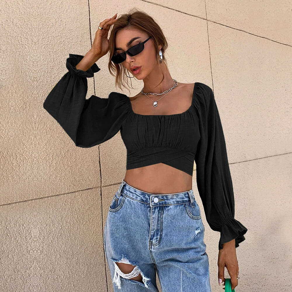 Spring/Summer New Sexy Style Tie Fit Square Neck Ultra Short Long Sleeved Women's Shirt Top For Women KLMY