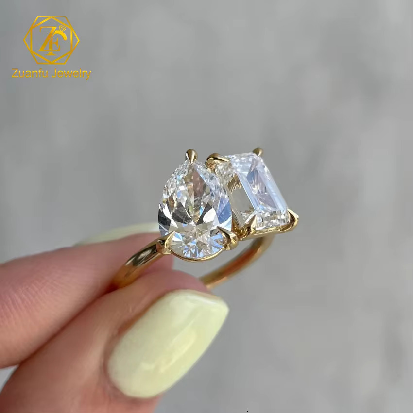 Yellow Gold 14K D+ Color FL Pear and Emerald Diamond Stone 2CT 3CT Toi Et Moi Double Setting Moissanite Wedding Ring for Women