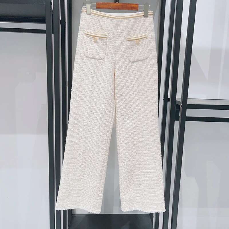 2025 Early Spring Women's French Tweed Set Gold Button O-Neck Sleeve Short Jacket Top Or High Waist Loose Straight Pants