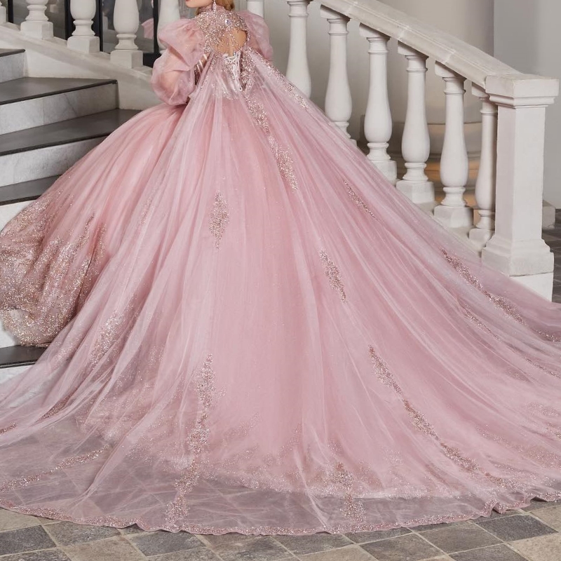 Pink Shiny Quinceanera Dress Applique Lace Beads Tull With Cape Princess Ball Gown Sweet 16 Vestidos 15 De XV Anos Party Birthday Gown