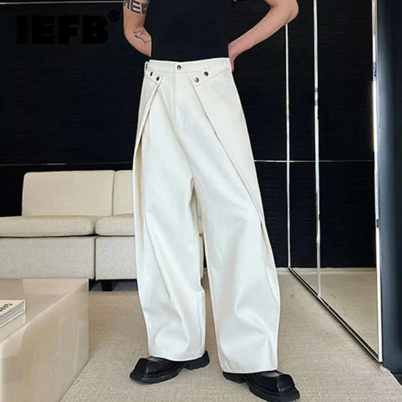 IEFB Men's Trousers Cut Loose Wide Leg Jeans New Solid Color Patchwork Baggy Denim Pants Korean Fashion Street 9A7433