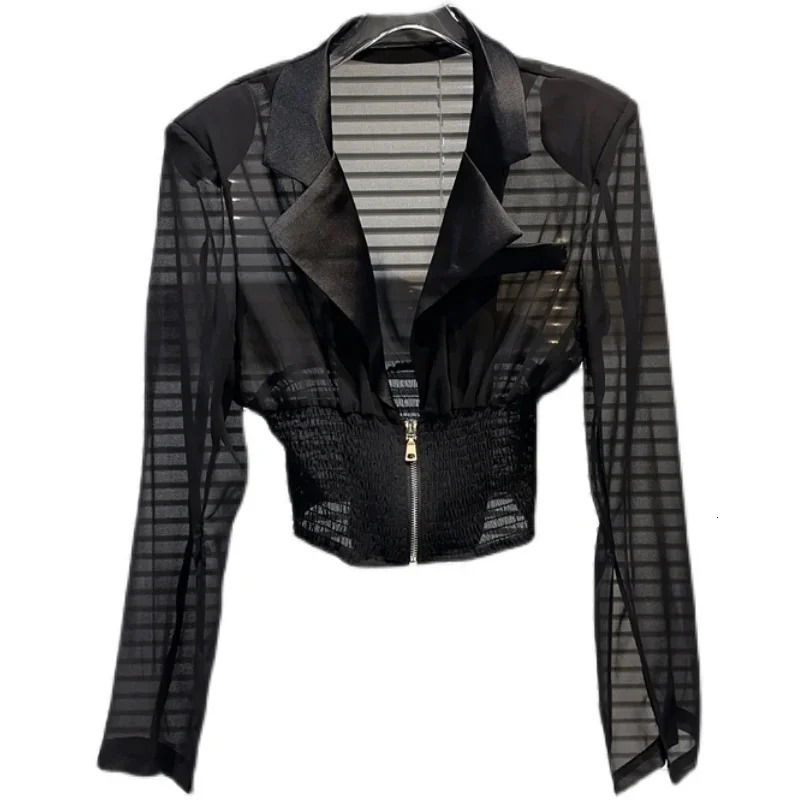 KTCZ Temperament Perspective Mesh Jacket Womens Elastic Slim Waist Causal Notched Zipper Coat Trend Summer 250306