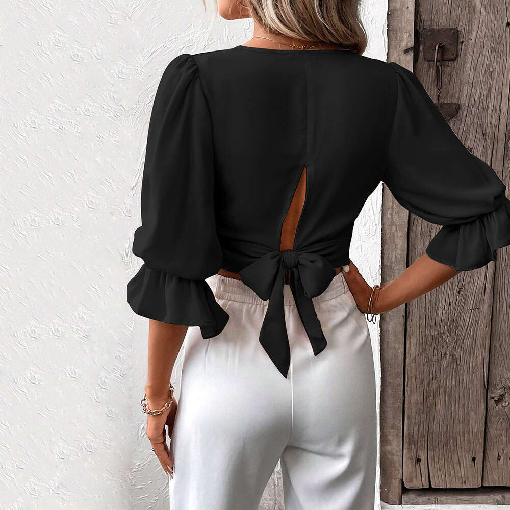Women's Elegant V-Neck Slim Fit With Bubble Sleeves, Solid Color Short Style Women's Pullover Top KLMY
