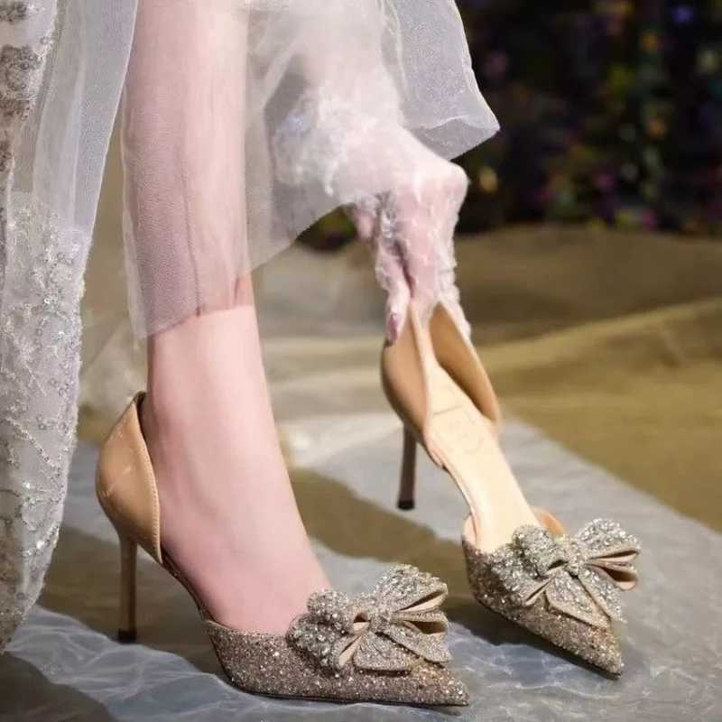 Wens Bow High H Thin H Pointed Toes Rhine Pump Warm Shoes Wedding 2025 Fairy Style Banquet Zapatillas De Mujer Y250306