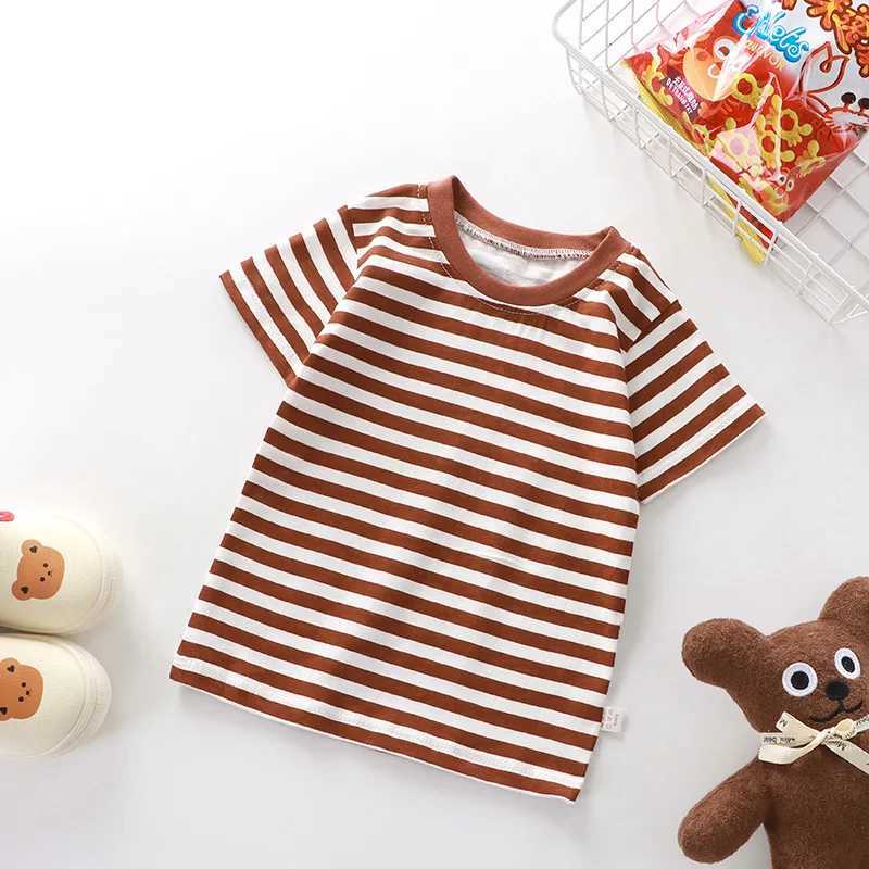 Summer Childrens Stripe Short Sleeve T-shirt Pure Cotton Boys and Girls Blue Red Pink White Stripe T-shirt for Boys and GirlsT250306