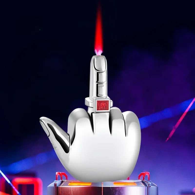 Funny Middle Finger Lighter and FUK YOU Sound Advanced Windproof Red Flame Refillable Butane Torch Lighter Smoking Men GiftsC250305