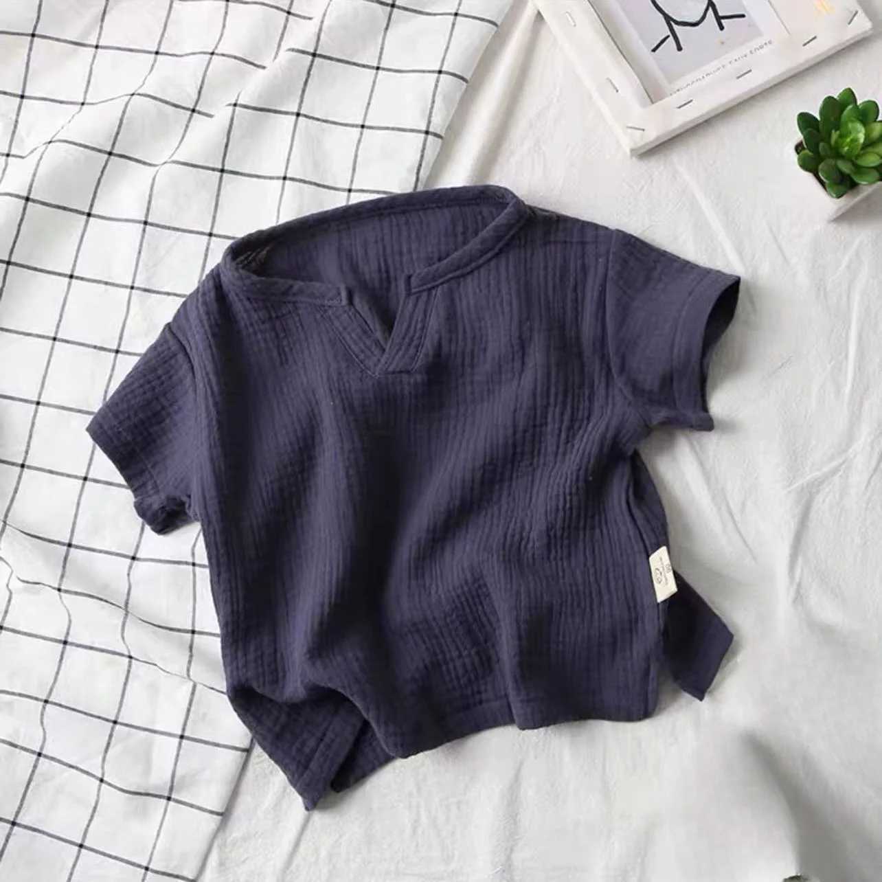 0-8Yrs 100%Cotton Childrens T-shirt for Boy and Girls Muslin Tops Shirts 2025 V Neck Short Sleeve Boys Tees Kids Girls ClothesT250306