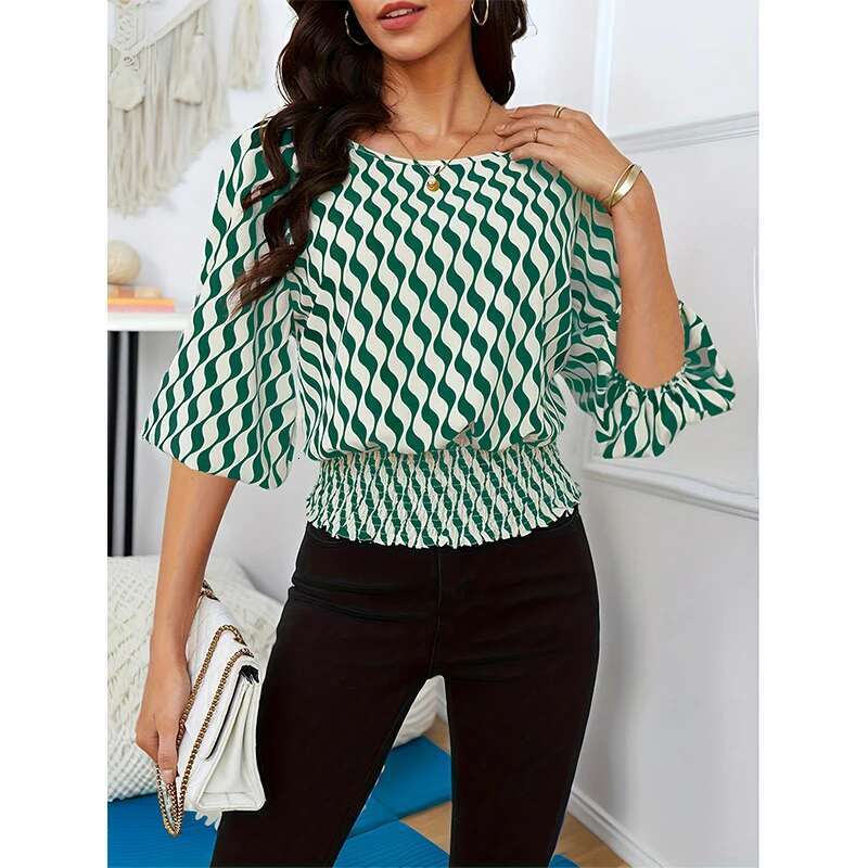Women's Crew-Neck Print Sweet Little Fresh Seven-Point Sleeve Chiffon Shirt Top Breathable Casual Noble Commuter Dress