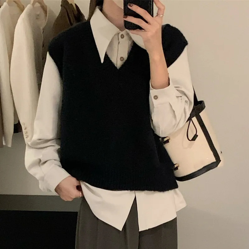 HELIAR Women VNeck Knit Office Sweater Vest Loose Casual Pullovers Bottoming Solid For 2024 Fall Winter 250227Z