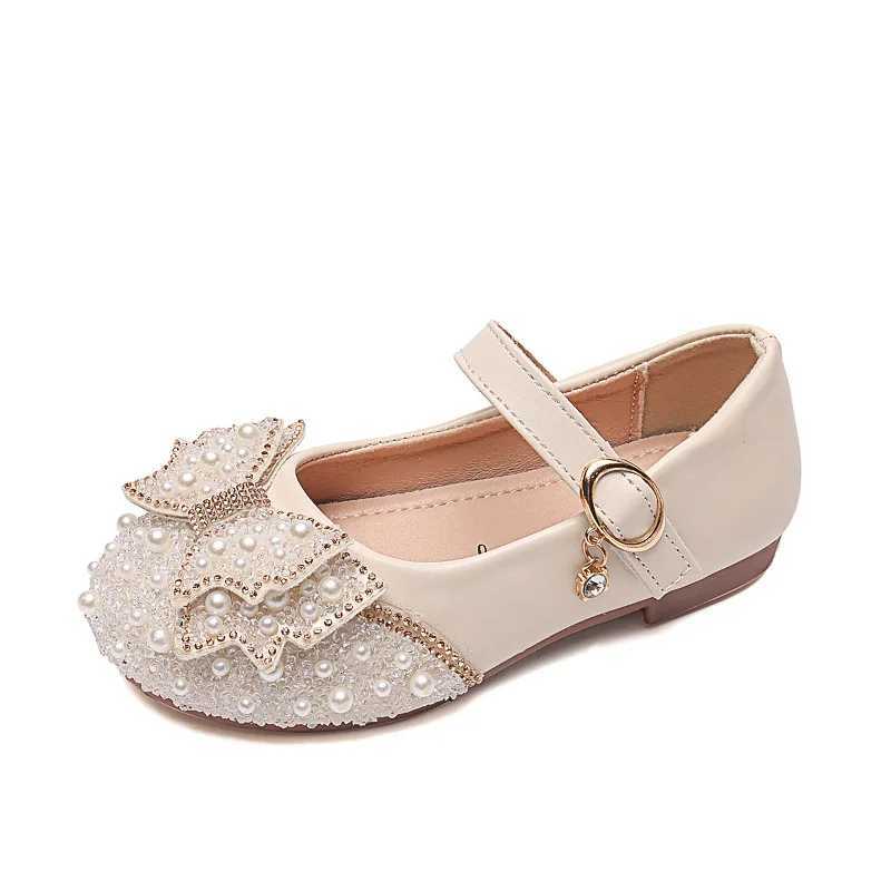 Autumn Fashion Pearl Bow Rhinestone Little Girl Shoes Flat Heels Kids Princess ShoesT250306