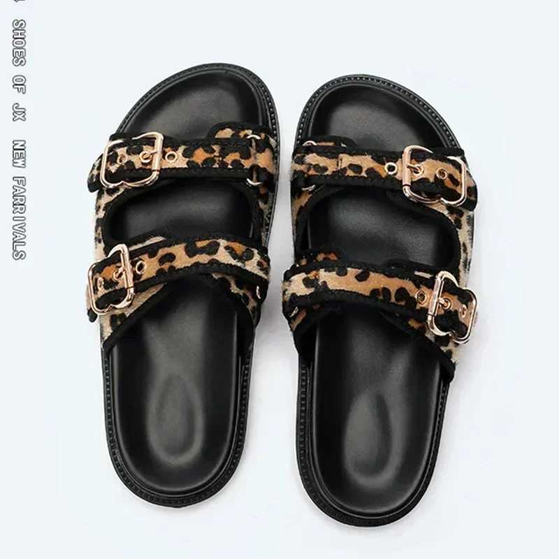 High Quality Leopard Metal Buckle Design Wen Slippers Sexy Cfort N Slip Slide Sandals Summer Size 43 Platform Flip Flops Y250306