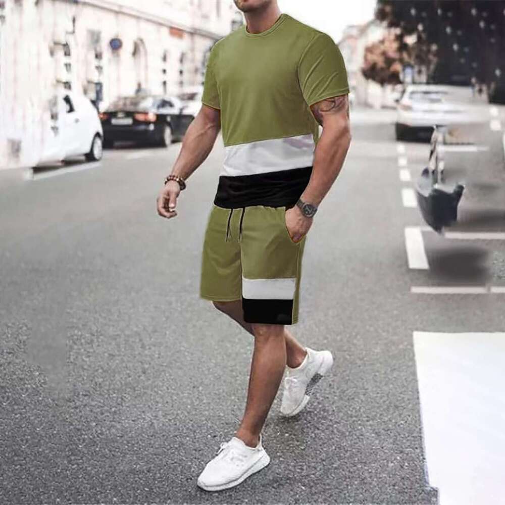 Summer Color blocked Short for Men's Ins Trendy Loose Couple Half sleeved T-shirt Top Set 2025 New Casual Versatile Fashion Clothing