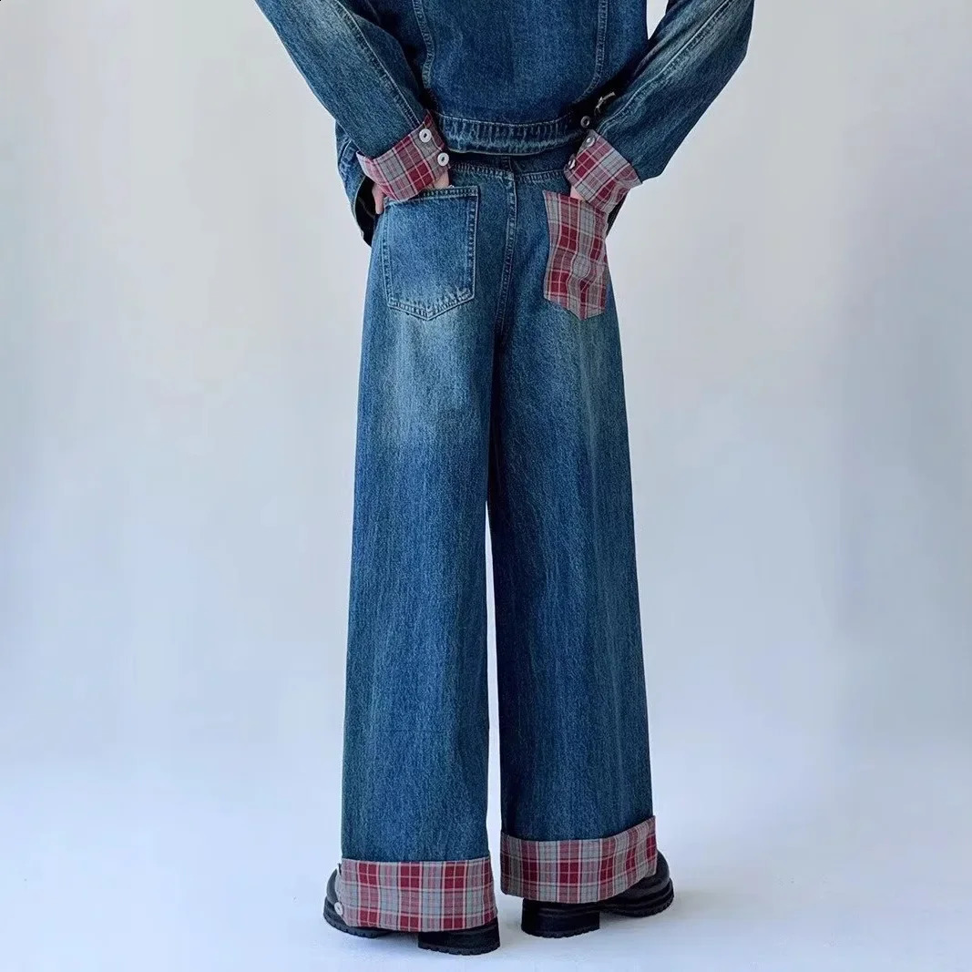 Trendy American Style Plaid Patchwork Lapel Denim Jacket High-End Vintage Mens Suit Two-Piece Set Casual Scene 250303