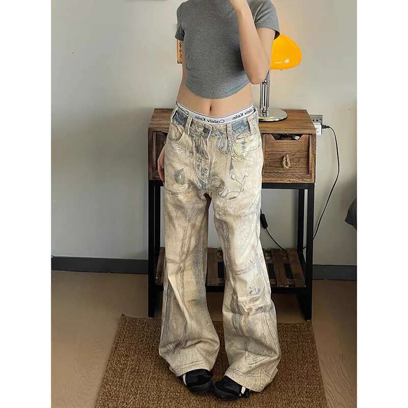 Women's Graphic Print Jeans Baggy Haruku Y2k Aesthetic Oversize Denim Trousers Korean Jean Pants Vintage 2000S Trashy Clothes