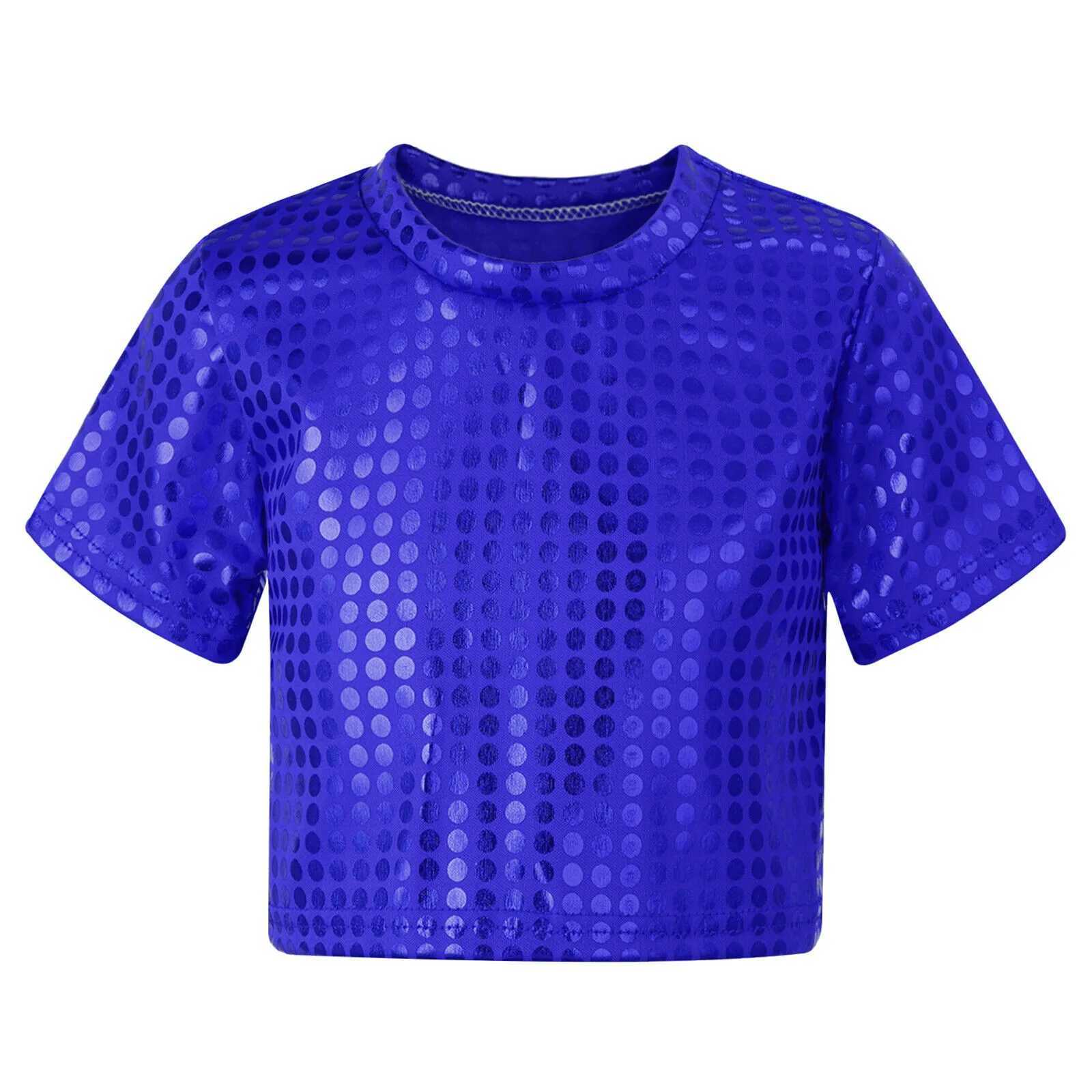 Jazz Dance Costumes Kids Boys Girls Shiny Sequins Short Sleeve Solid Color T-shirt Crop Tops Street Dance Stage Performance WearT250306