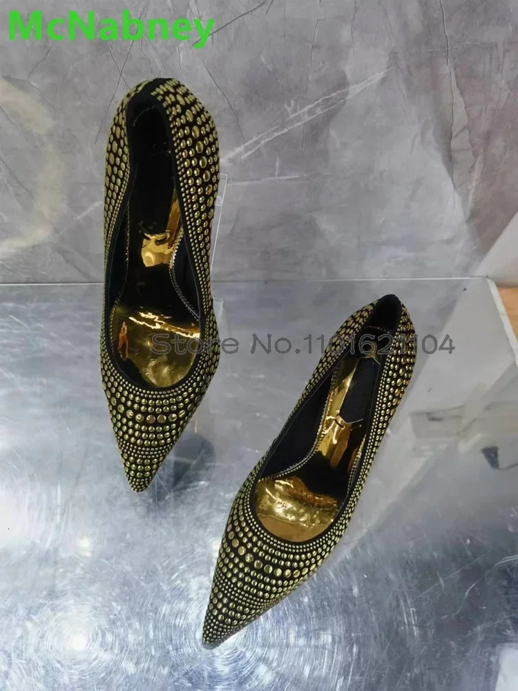 Metal Thin High Heel Pumps For Female Women Pointed Toe Gold Rivet Slip-on Fashion Shallow Elegant Sexy Footwear 250306