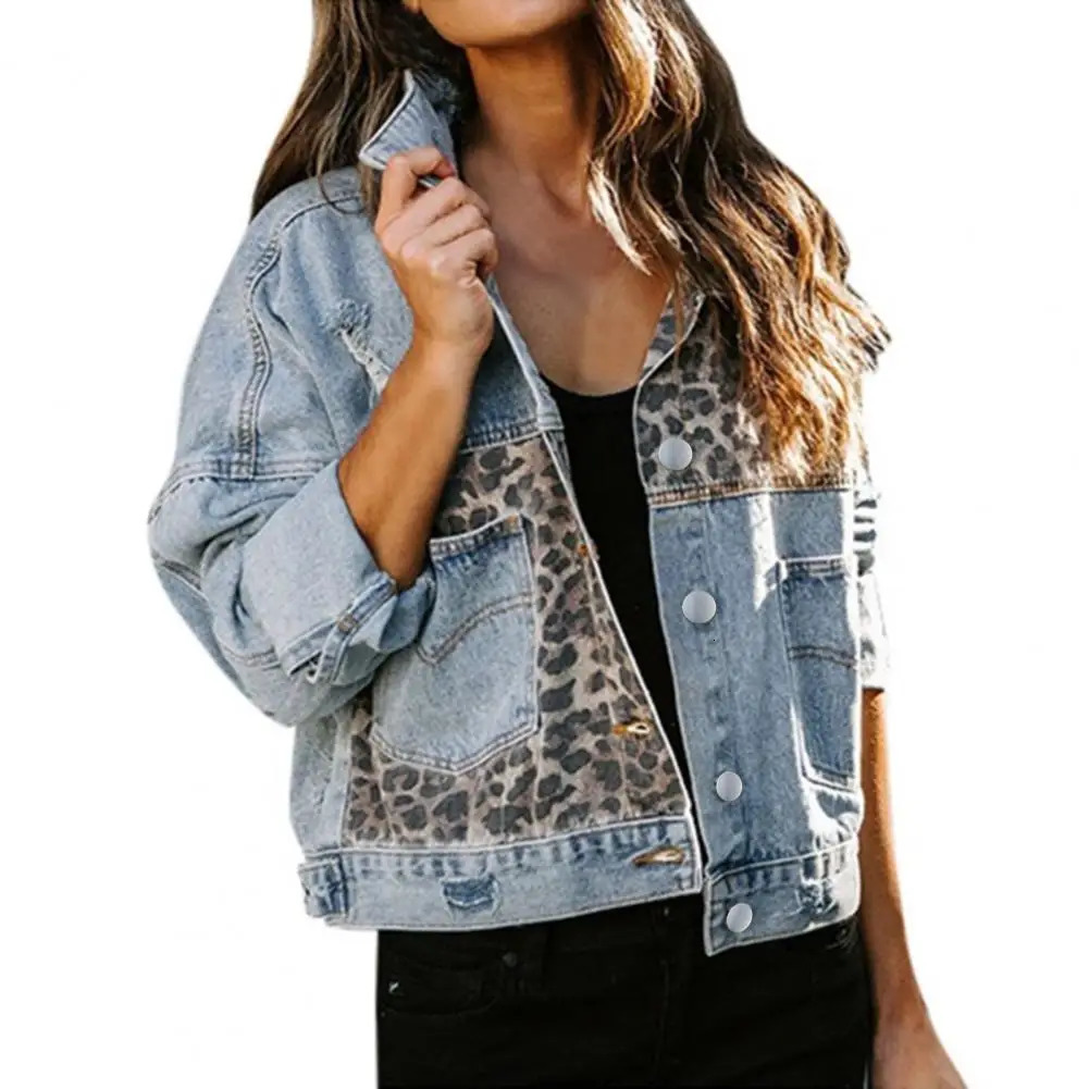 Style Women Coat Leopard Splicing Denim Jacket Stylish Loose Fit for Autumn Winter Outwear with Buttoned Pockets Cozy 250306
