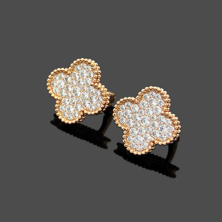 Dangle Chandelier Large Four Leaf Flower Full Diamond Ear Clap Asian Gold Earrings H250306
