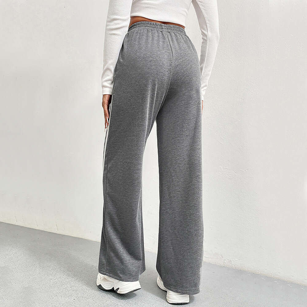 Women's Autumn/Winter Sports Pants, High Waisted Loose Straight Casual Sweatpants, Striped Patchwork Wide Leg Pants KLMY