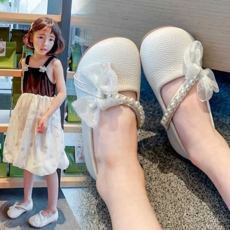 Children Casual Shoes for Girls Pearls Chic 2024 New Summer Elegant Princess Mary Jane Shoes Simple Platform Non-slip Kids ShoesT250306