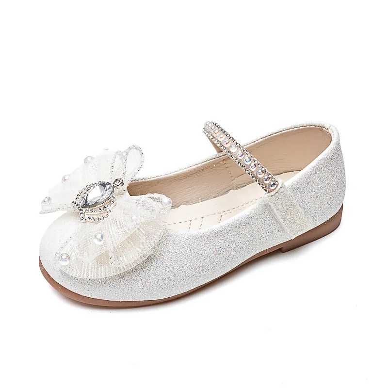 Girls Mary Jane Shoes with Bow-knot Fashion Kids Pearls Crown Princess Shoes for Party Wedding Children Leather ShoesT250306