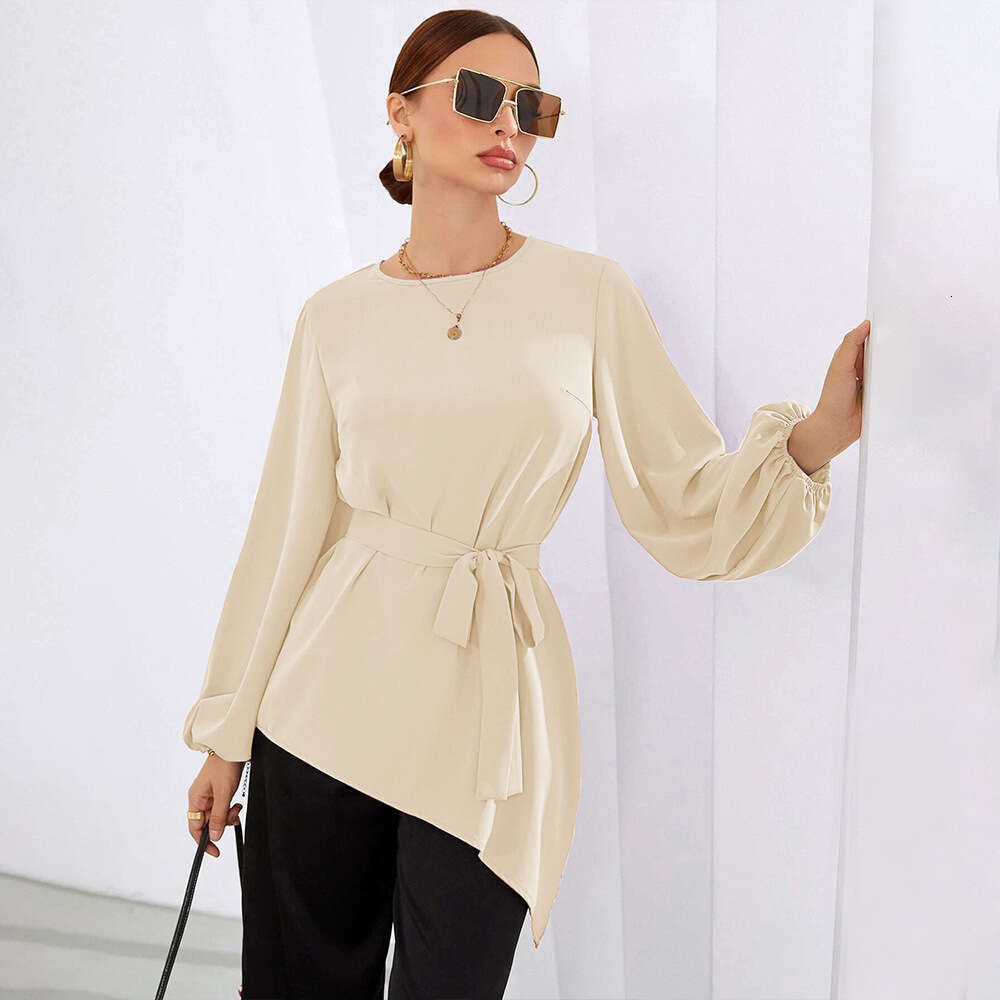 Spring/Summer Style Irregular Top Wrapped Waist Long Sleeved Women's Shirt KLMY