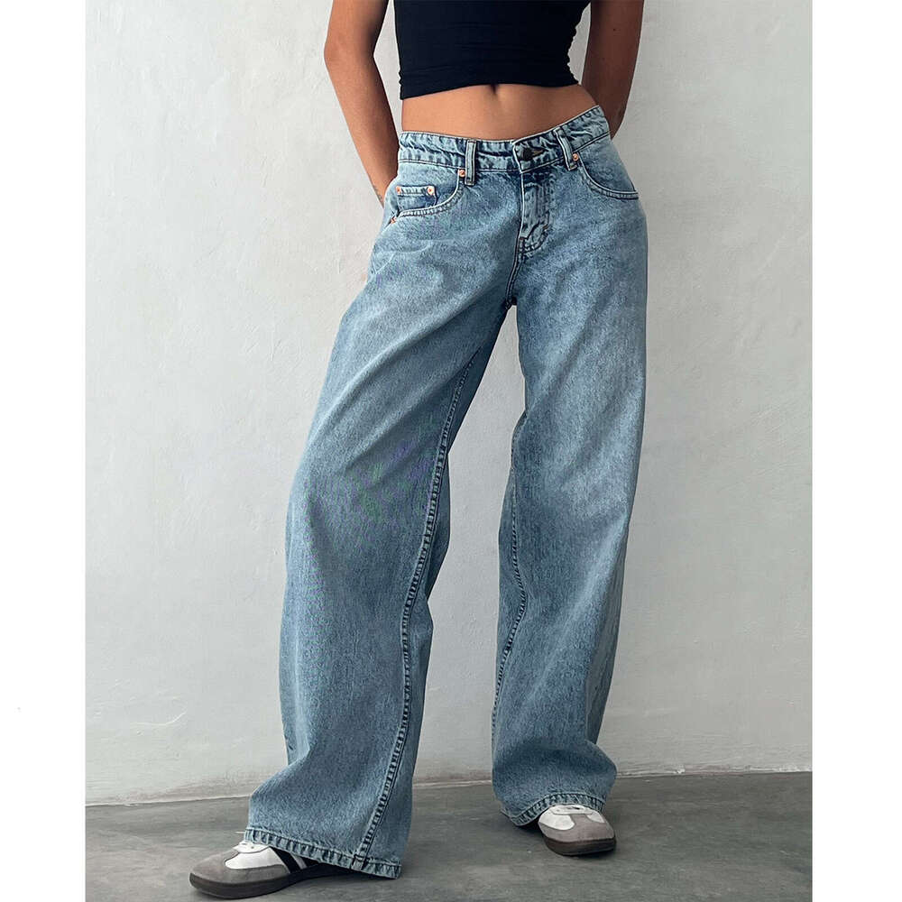American retro low rise non elastic washed straight jeans autumn, new street wide leg denim pants for women in 2025, with a unique and elegant tempera