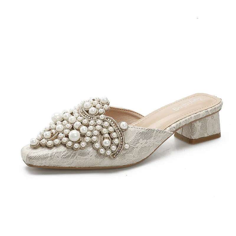 2025 Pearl Half Slippers Women Shoe Autumn Rhie Chunky Mid Heel Slipper Sandals Fashion Muller Casual Versatile Single Shoes
