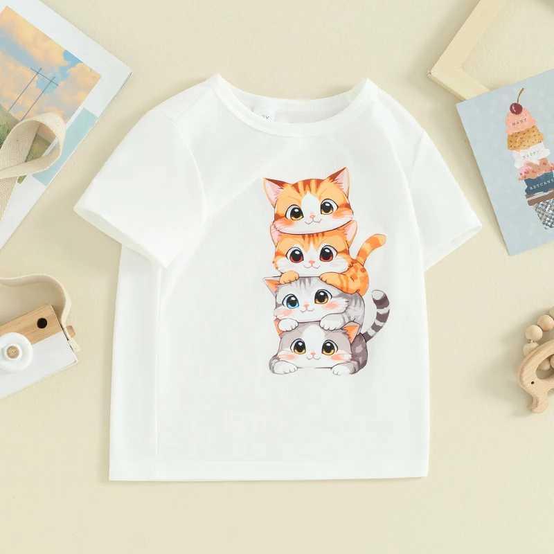 Pudcoco Summer T Shirt Cat Shirts For Girls Cartoon Graphic Tees Short Sleeve Crewneck Tops Size 1 To 8 Years Cute OutfitsT250306