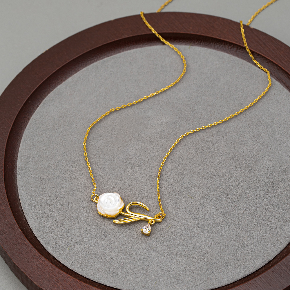 Camellia Pendant Brass Plated Shell Flower Necklace Collar For Women