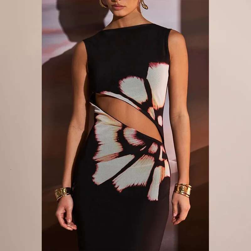 Summer Sexy Maxi For Women Streetwear Fashion Print Hollow Out Sleeveless New Slim Dress Casual Club Elegant Party Dresses KLMY