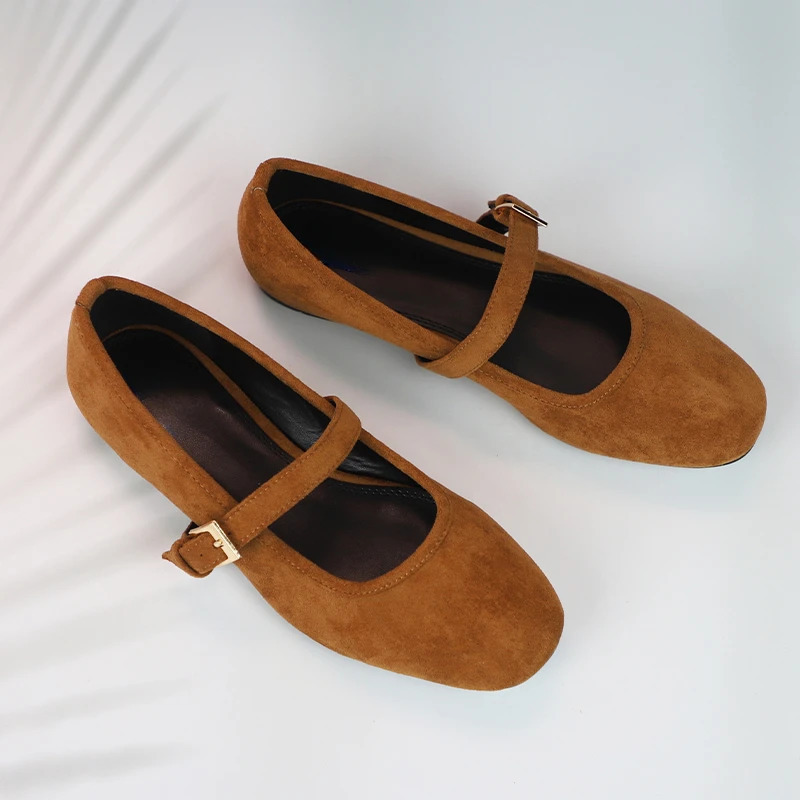 Walking Womens Mary Janes Shoes 2025 Spring Round Toe Soft Faux Suede Retro Brown Girl Barefoot Ballet Flats 250306