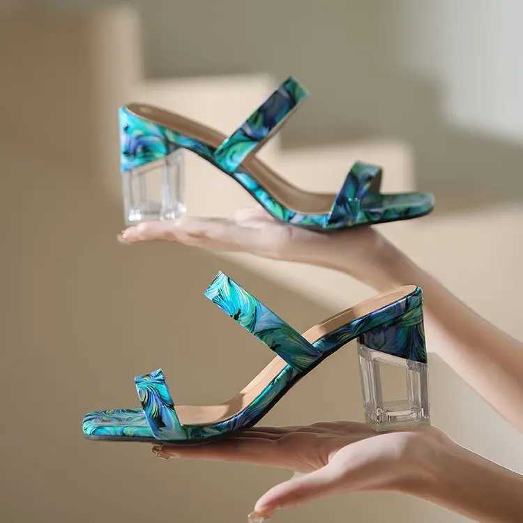 Transparent Crystal Heel Slippers Wens 2023 Summer New Large Square Slippers with Pattern Y250306