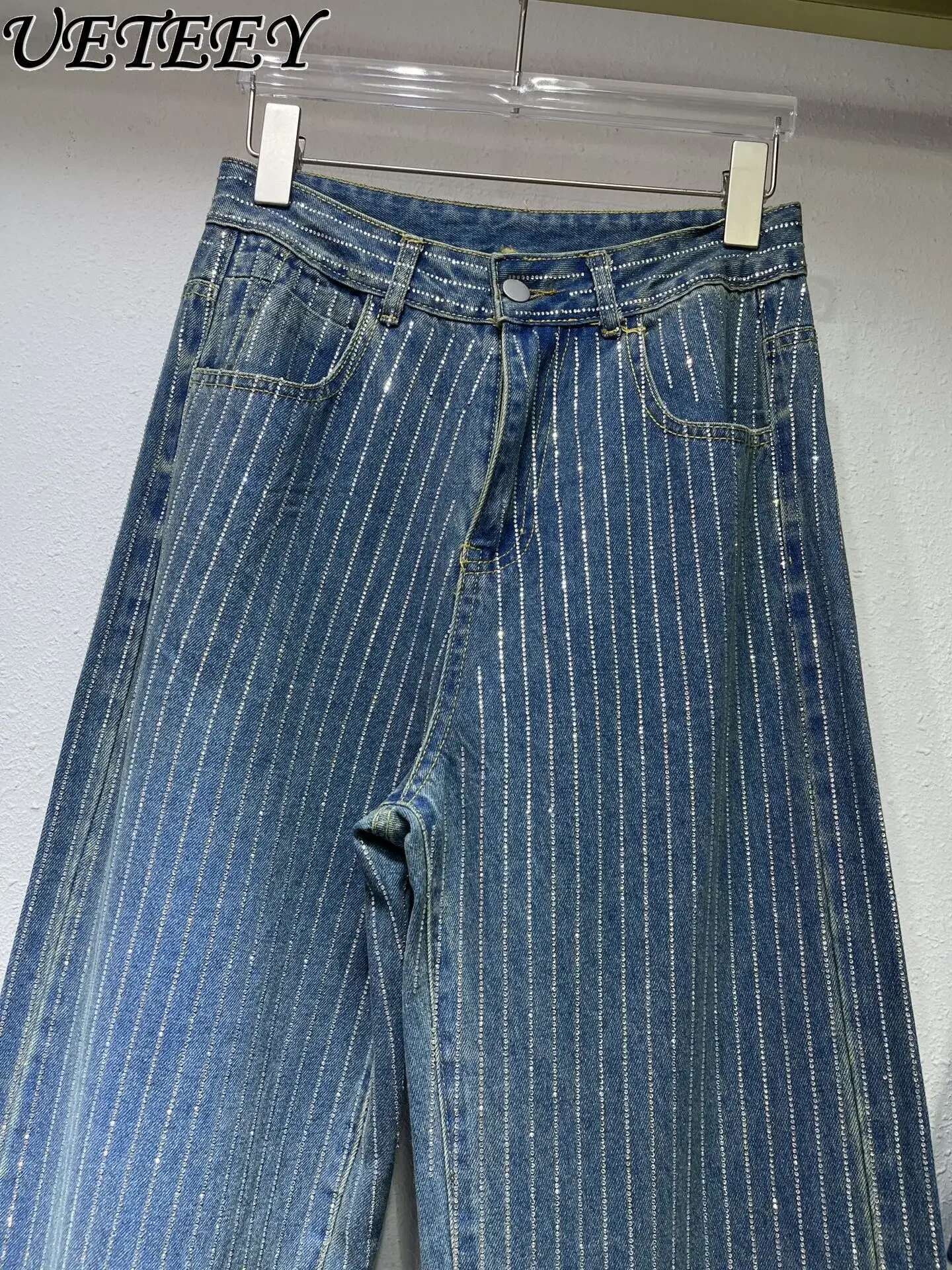 Spring 2025 New Design Niche Crystal Stripe Striped Rhie High Waist Wide Leg Straight Jeans Women Fashion Denim Pants