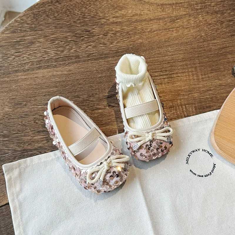 New Bling Girls Flats Shoes Bow Paillette Shallow PU Children Ballet Flats Elastic Band Non Slip Toddler Kids Princess ShoesT250306