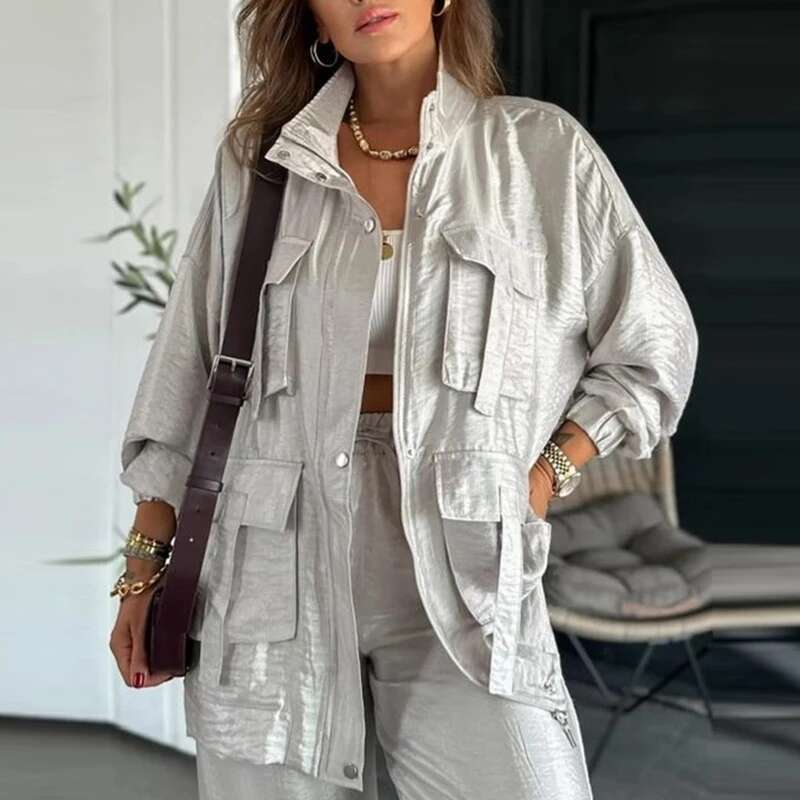 Fall Retro Metallic Color Women's Jacket Outerwear Casual Lapel Button Zipper Office Top Cardigan Winter Long Sleeve Pocket Coat
