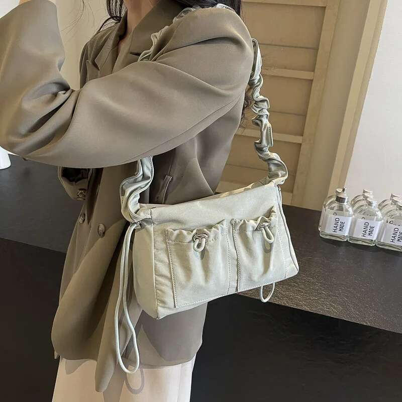Pleated Design Shoulder Cross Body Bags Nylon Fabric Multi Pockets Satchels Drawstring Messenger Bag 2024 Latest Fashion Handbag