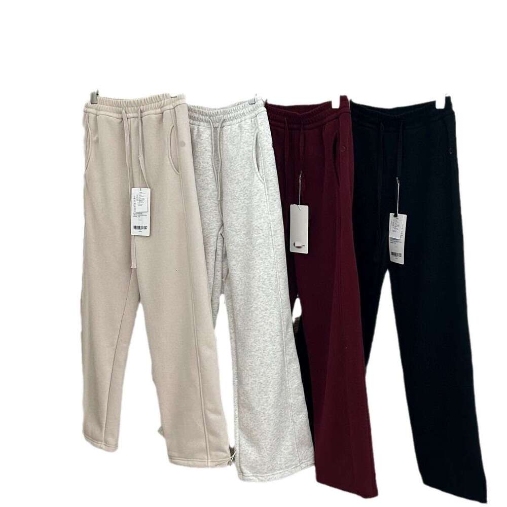 Winter New Style Plush Drawstring Elastic Waist Straight Wide Leg Versatile Warm Casual Pants Solid Color