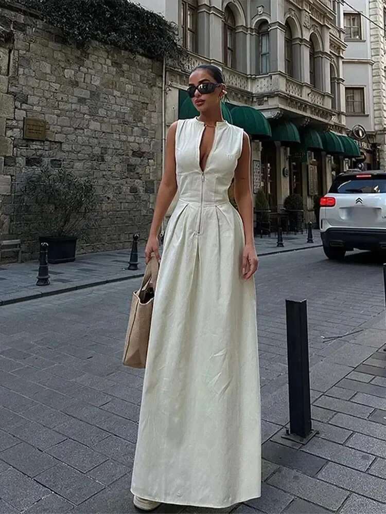 T Women Fashion Round Collar Sleeveless Pleated Slim Elegant Solid Half Zipper A-E Dresse Girl's Casual High Street Robe