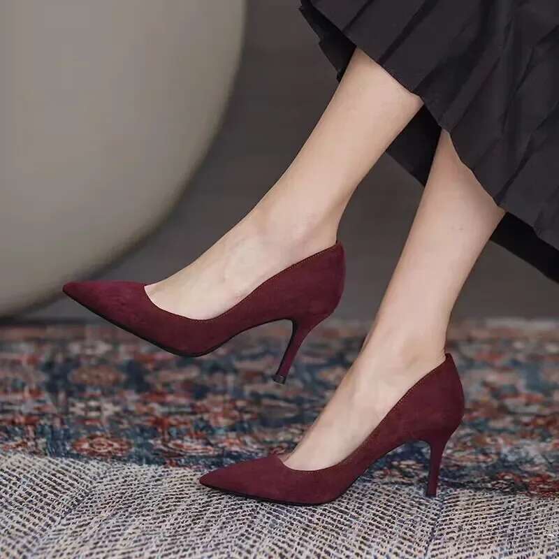 Women High S Pointed Thin Heel High-heeled Pumps New Suede Black Red Blue Women's Single Shoes Big Size 42