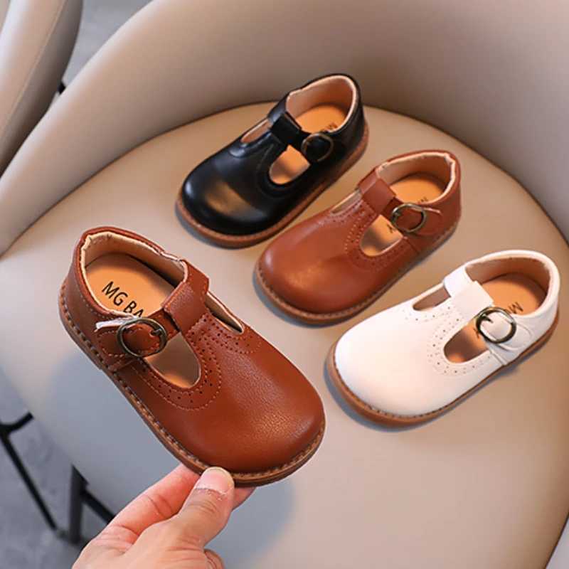 Children Mary Janes British Style T-strap Three Colors Vintage 21-30 Little Girls Leather Shoes All-mtach School Kids FlatsT250306