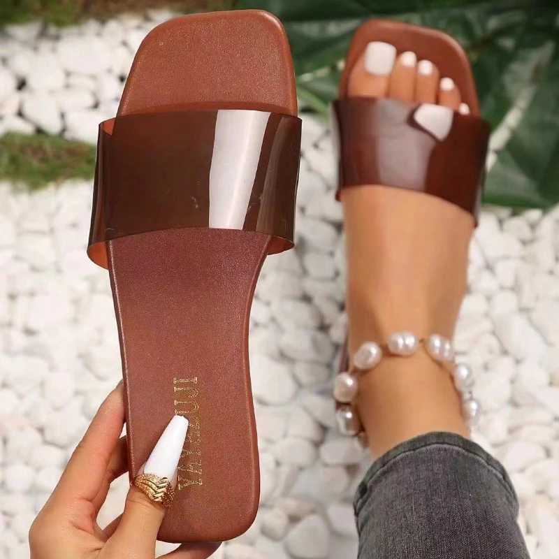 Wen Fi Sandals 2025 New Summer Flat Shoes Square Toe Slip- Girls Indoor Street Slippers Plus Size Beach Slides Y250306