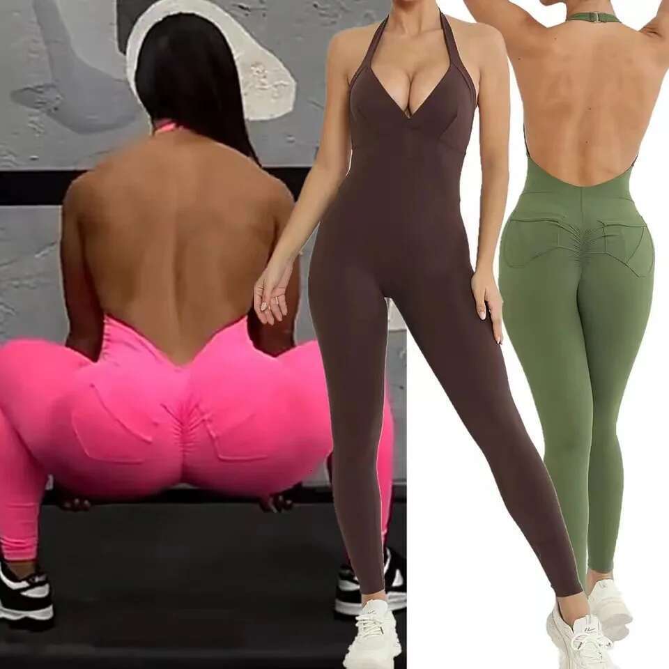 Pad Halter V Romper Women One Piece Jumpsuit Workout Yoga Set Open Back Clothing Scrunch Proof Butt Gym Active Suit KLMY