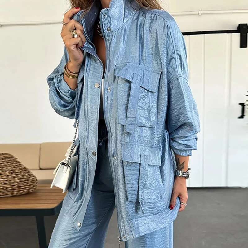 Fall Retro Metallic Color Women's Jacket Outerwear Casual Lapel Button Zipper Office Top Cardigan Winter Long Sleeve Pocket Coat